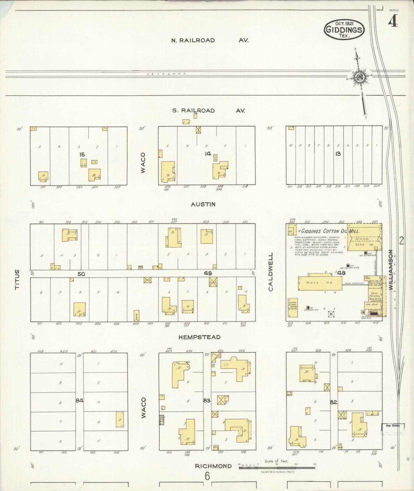 Sanborn Fire Insurance Map from Giddings, Lee County, Texas (1921), Sheet #0004 - Complete Map Set gallery image, historic Sanborn map, vintage wall art, Texas Texas