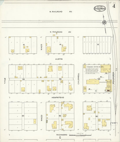Sanborn Fire Insurance Map from Giddings, Lee County, Texas (1921), Sheet #0004 - Complete Map Set gallery image, historic Sanborn map, vintage wall art, Texas Texas
