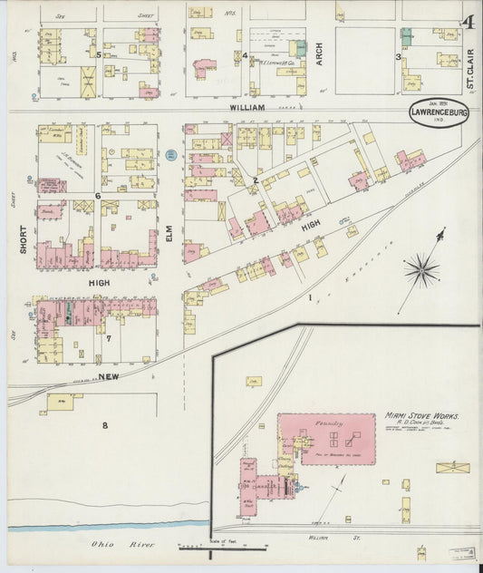 Sanborn Fire Insurance Map from Lawrenceburg, Dearborn County, Indiana (1891), Sheet #0004 - Historic Sanborn Fire Insurance Map Print, vintage old map wall art, antique decor, genealogy gift, Indiana Indiana map