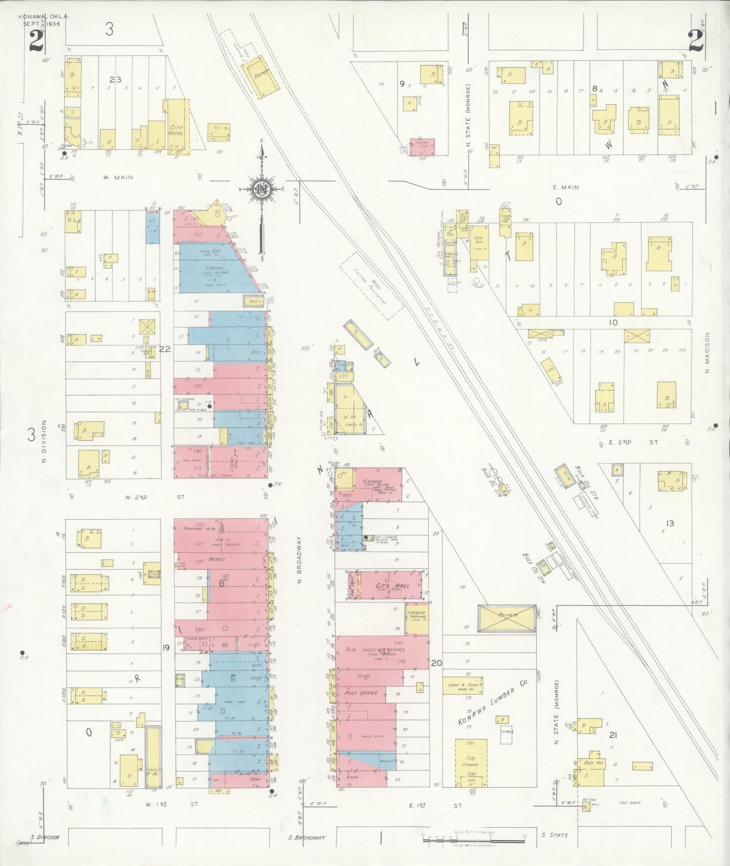 Sanborn Fire Insurance Map from Konawa, Seminode County, Oklahoma (1936), Sheet #0002 - Complete Map Set gallery image, historic Sanborn map, vintage wall art, Oklahoma Oklahoma