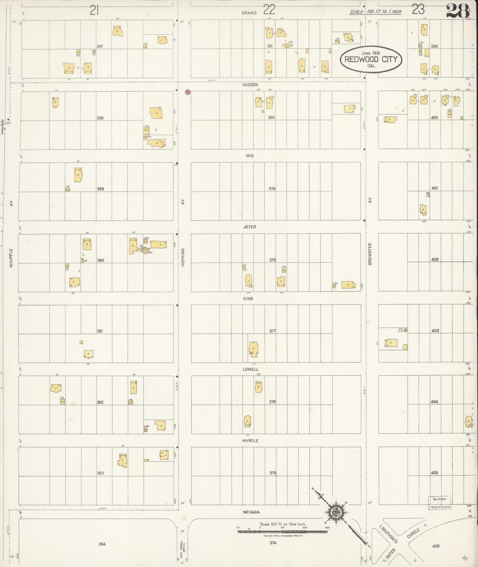 Sanborn Fire Insurance Map from Redwood City, San Mateo County, California (1919), Sheet #0028 - Complete Map Set gallery image, historic Sanborn map, vintage wall art, California California