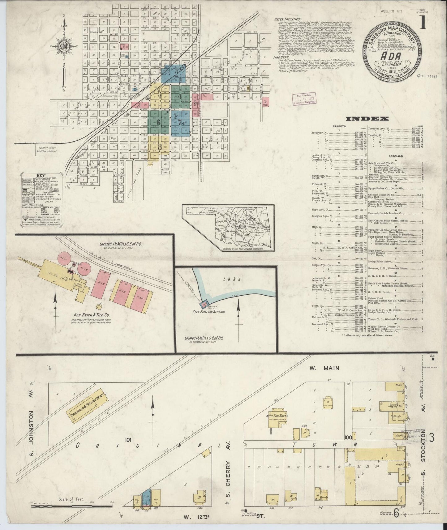 Sanborn Fire Insurance Map from Ada, Pontotoc County, Oklahoma (1913), Sheet #0001 - Complete Map Set gallery image, historic Sanborn map, vintage wall art, Oklahoma Oklahoma