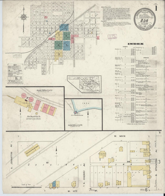 Sanborn Fire Insurance Map from Ada, Pontotoc County, Oklahoma (1913), Sheet #0001 - Complete Map Set gallery image, historic Sanborn map, vintage wall art, Oklahoma Oklahoma