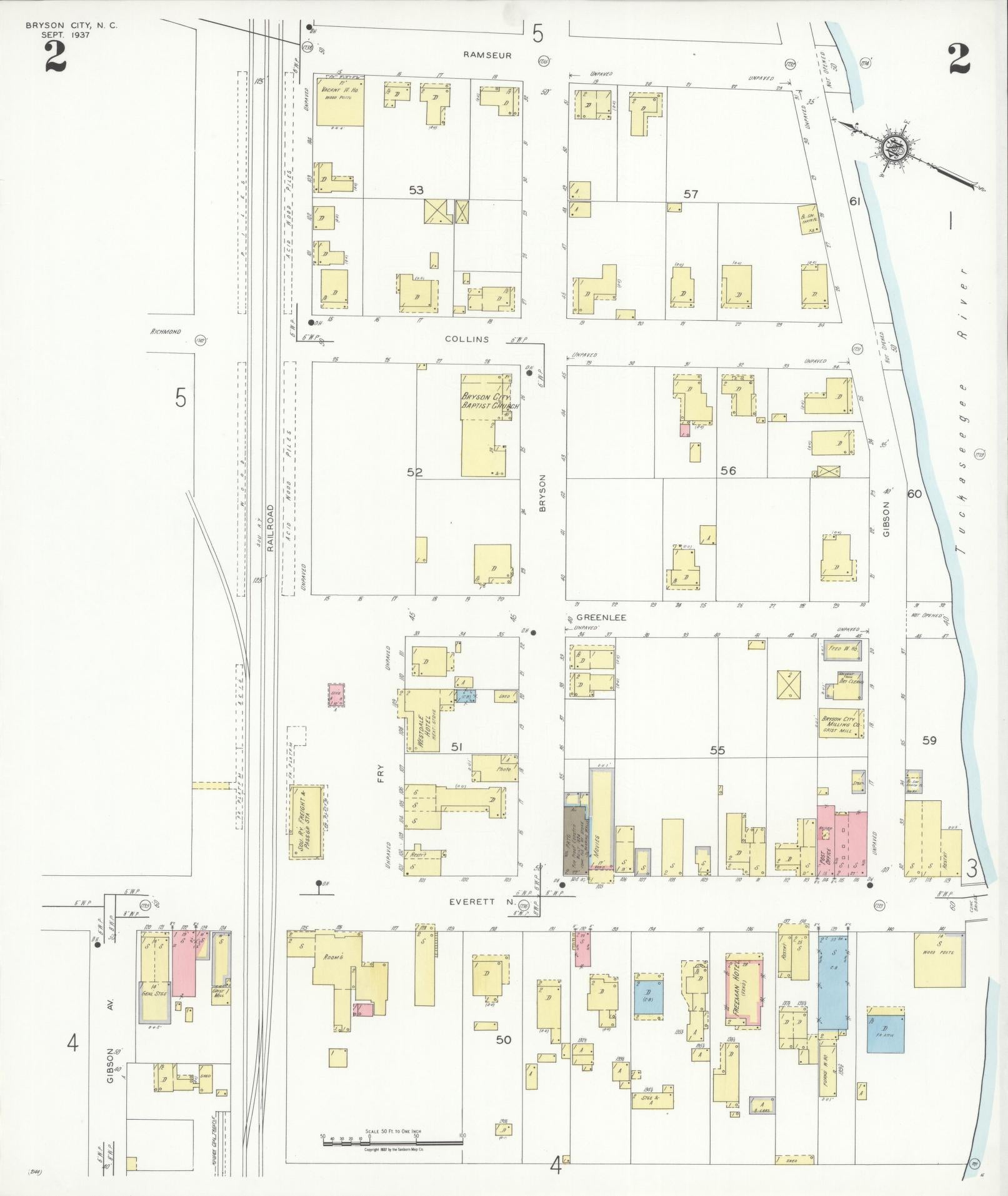 Sanborn Fire Insurance Map from Bryson City, Swain County, North Carolina (1937), Sheet #0002 - Complete Map Set gallery image, historic Sanborn map, vintage wall art, North Carolina North Carolina