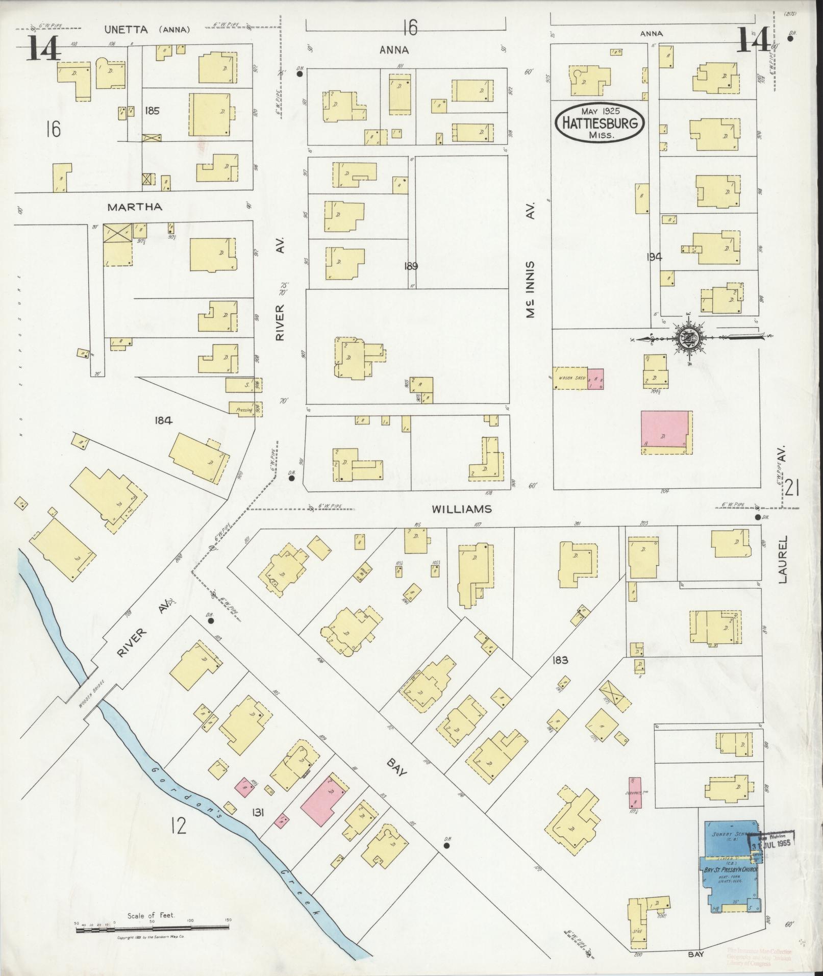 Sanborn Fire Insurance Map from Hattiesburg, Forrest County, Mississippi (1925), Sheet #0014 - Historic Sanborn Fire Insurance Map Print, vintage old map wall art, antique decor, genealogy gift, Mississippi Mississippi map