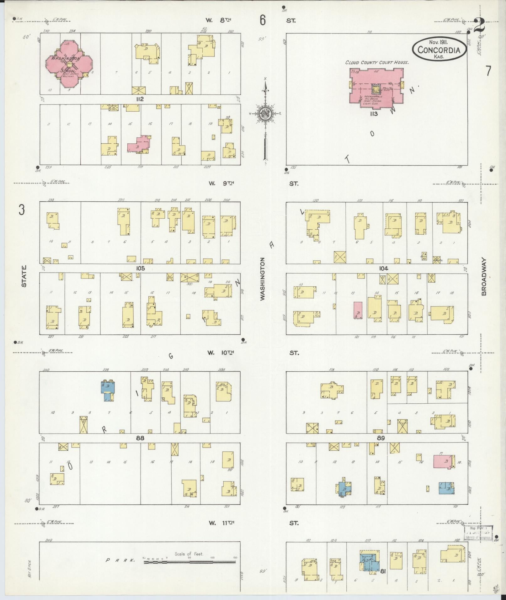 Sanborn Fire Insurance Map from Concordia, Cloud County, Kansas (1911), Sheet #0002 - Historic Sanborn Fire Insurance Map Print, vintage old map wall art, antique decor, genealogy gift, Kansas Kansas map