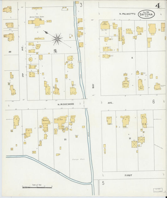 Sanborn Fire Insurance Map from Daytona, Volusia County, Florida (1906), Sheet #0004 - Historic Sanborn Fire Insurance Map Print, vintage old map wall art, antique decor, genealogy gift, Florida Florida map
