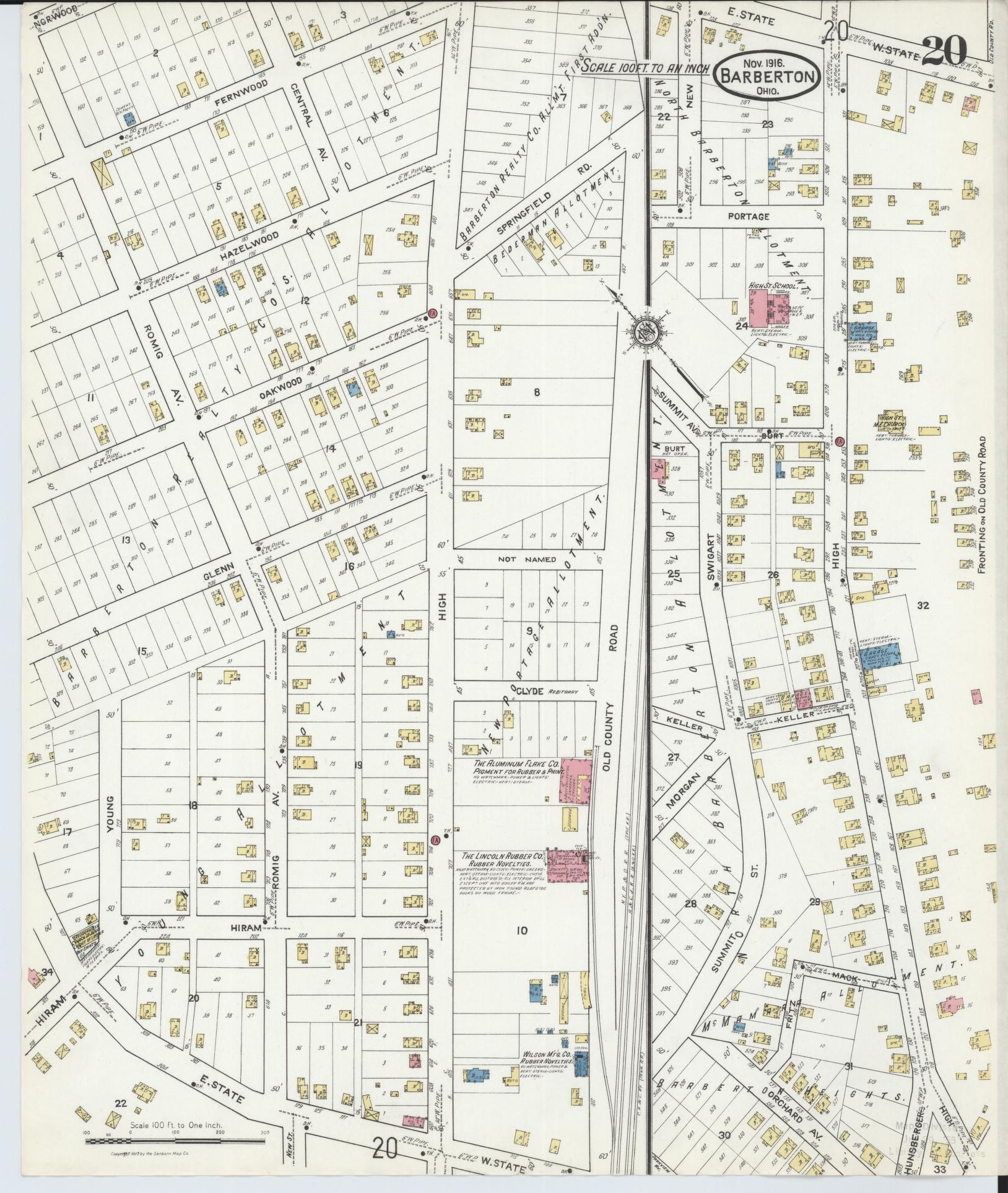 Sanborn Fire Insurance Map from Barberton, Summit County, Ohio (1916), Sheet #0020 - Historic Sanborn Fire Insurance Map Print, vintage old map wall art, antique decor, genealogy gift, Ohio Ohio map