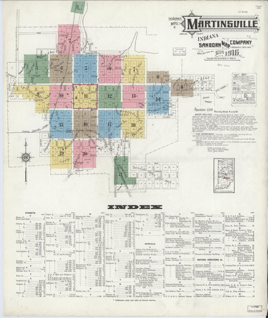 Sanborn Fire Insurance Map from Martinsville, Morgan County, Indiana (1916), Sheet #0001 - Historic Sanborn Fire Insurance Map Print, vintage old map wall art, antique decor, genealogy gift, Indiana Indiana map