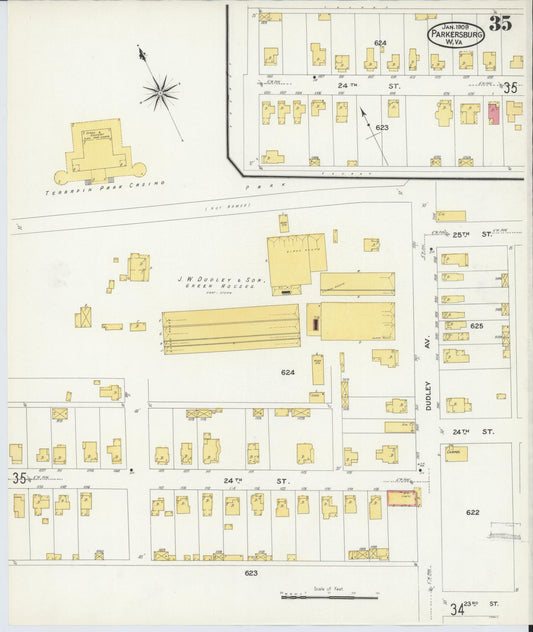Sanborn Fire Insurance Map from Parkersburg, Wood County, West Virginia (1909), Sheet #0035 - Historic Sanborn Fire Insurance Map Print, vintage old map wall art, antique decor, genealogy gift, West Virginia West Virginia map