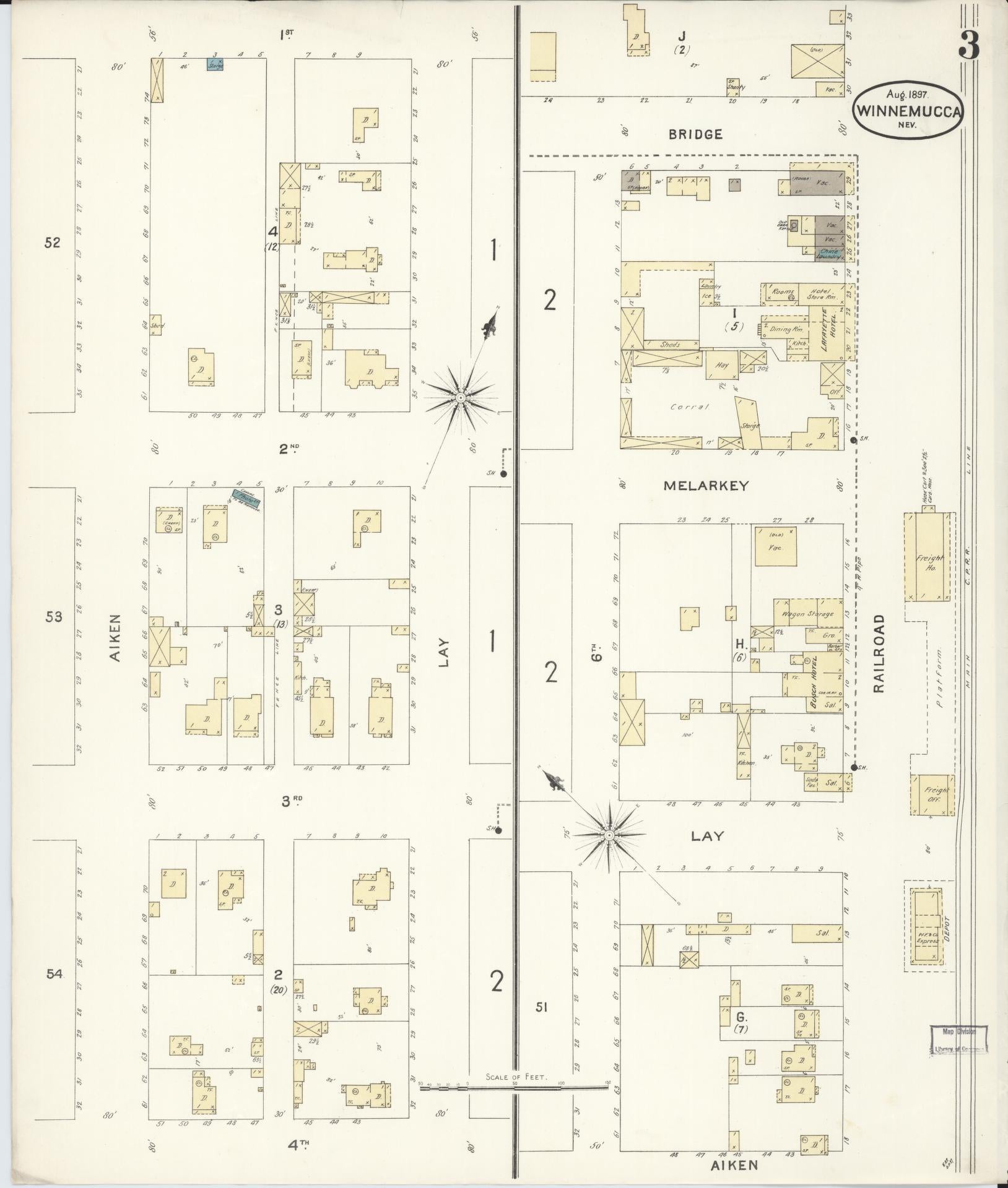 Sanborn Fire Insurance Map from Winnemucca, Humboldt County, Nevada (1897), Sheet #0003 - Complete Map Set gallery image, historic Sanborn map, vintage wall art, Nevada Nevada