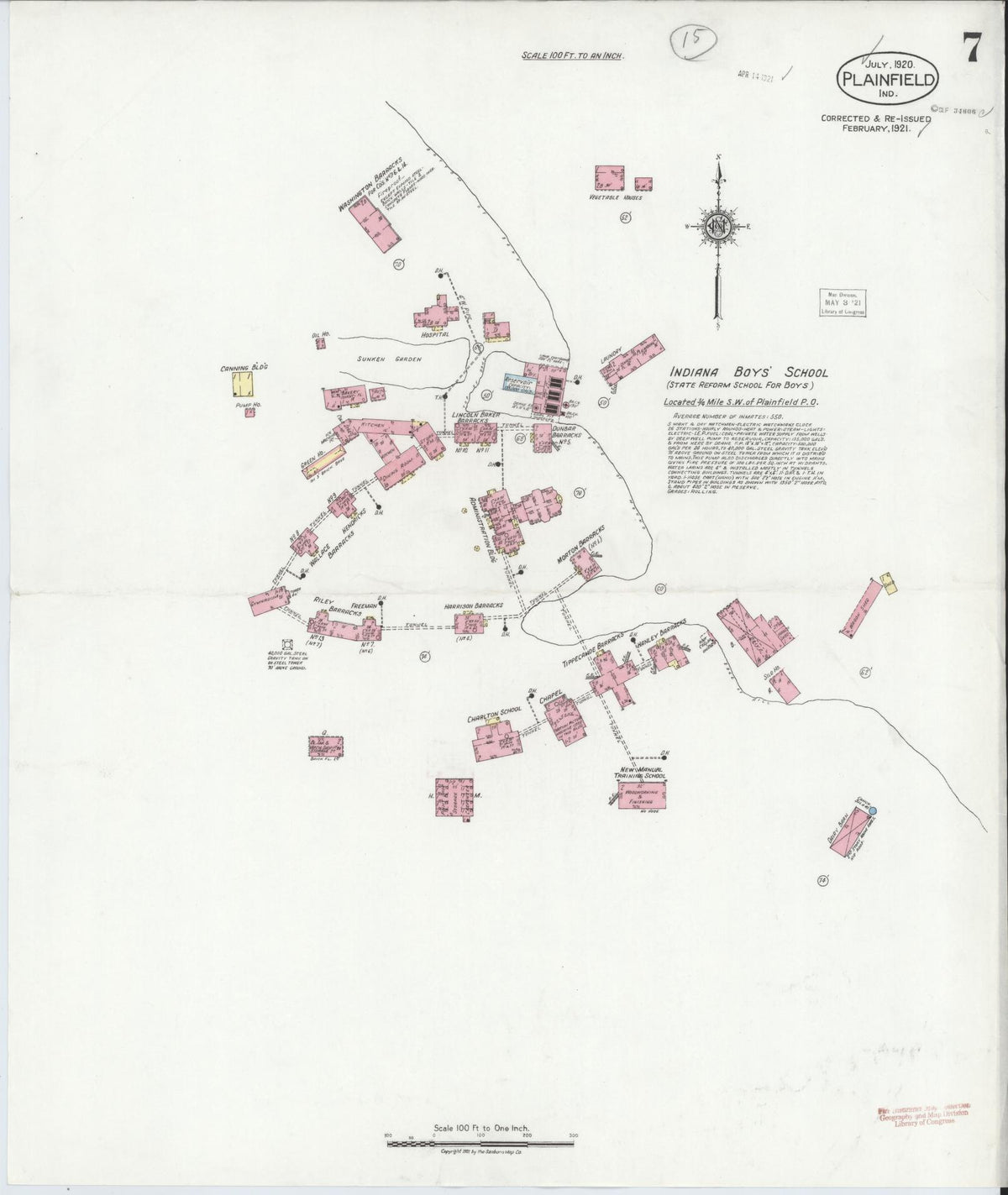 Sanborn Fire Insurance Map from Plainfield, Hendricks County, Indiana (1921), Sheet #0007 - Historic Sanborn Fire Insurance Map Print, vintage old map wall art, antique decor, genealogy gift, Indiana Indiana map