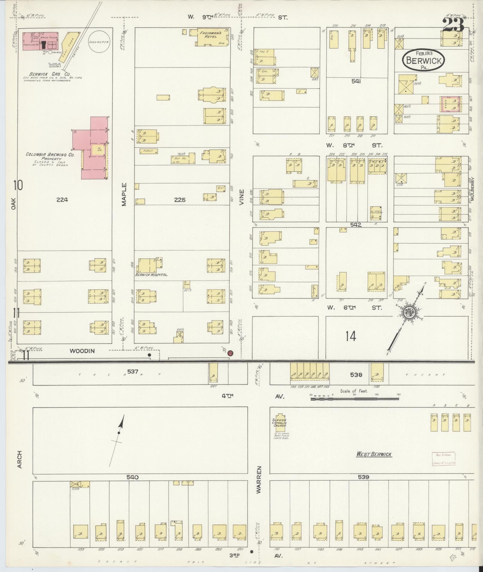 Sanborn Fire Insurance Map from Berwick, Columbia County, Pennsylvania (1913), Sheet #0023 - Historic Sanborn Fire Insurance Map Print, vintage old map wall art, antique decor, genealogy gift, Pennsylvania Pennsylvania map