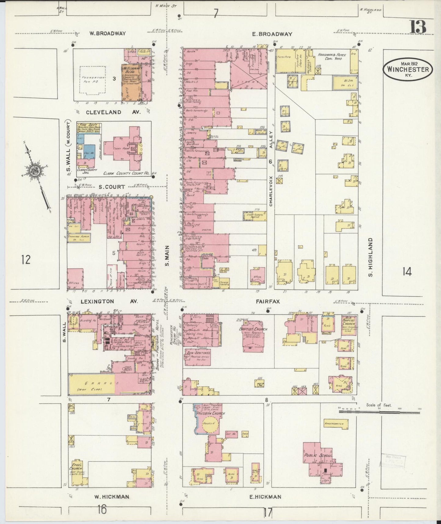 Sanborn Fire Insurance Map from Winchester, Clark County, Kentucky (1912), Sheet #0013 - Historic Sanborn Fire Insurance Map Print, vintage old map wall art, antique decor, genealogy gift, Kentucky Kentucky map