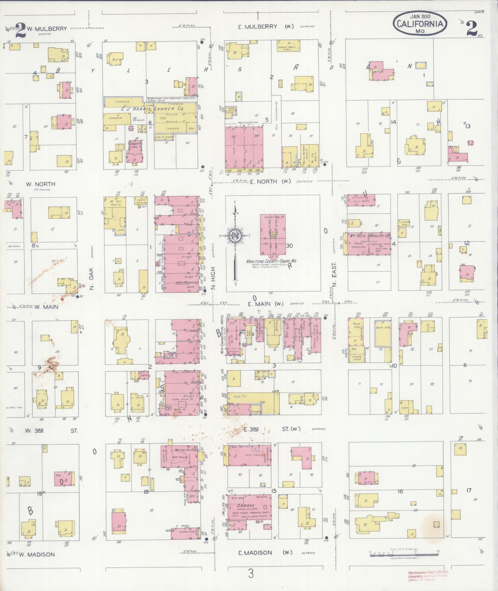 Sanborn Fire Insurance Map from California, Moniteau County, Missouri (1930), Sheet #0002 - Complete Map Set gallery image, historic Sanborn map, vintage wall art, Missouri Missouri
