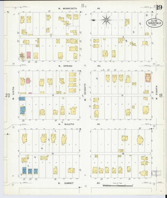 Sanborn Fire Insurance Map from Sioux Falls, Minnehaha County, South Dakota (1908), Sheet #0019 - Historic Sanborn Fire Insurance Map Print, vintage old map wall art, antique decor, genealogy gift, South Dakota South Dakota map