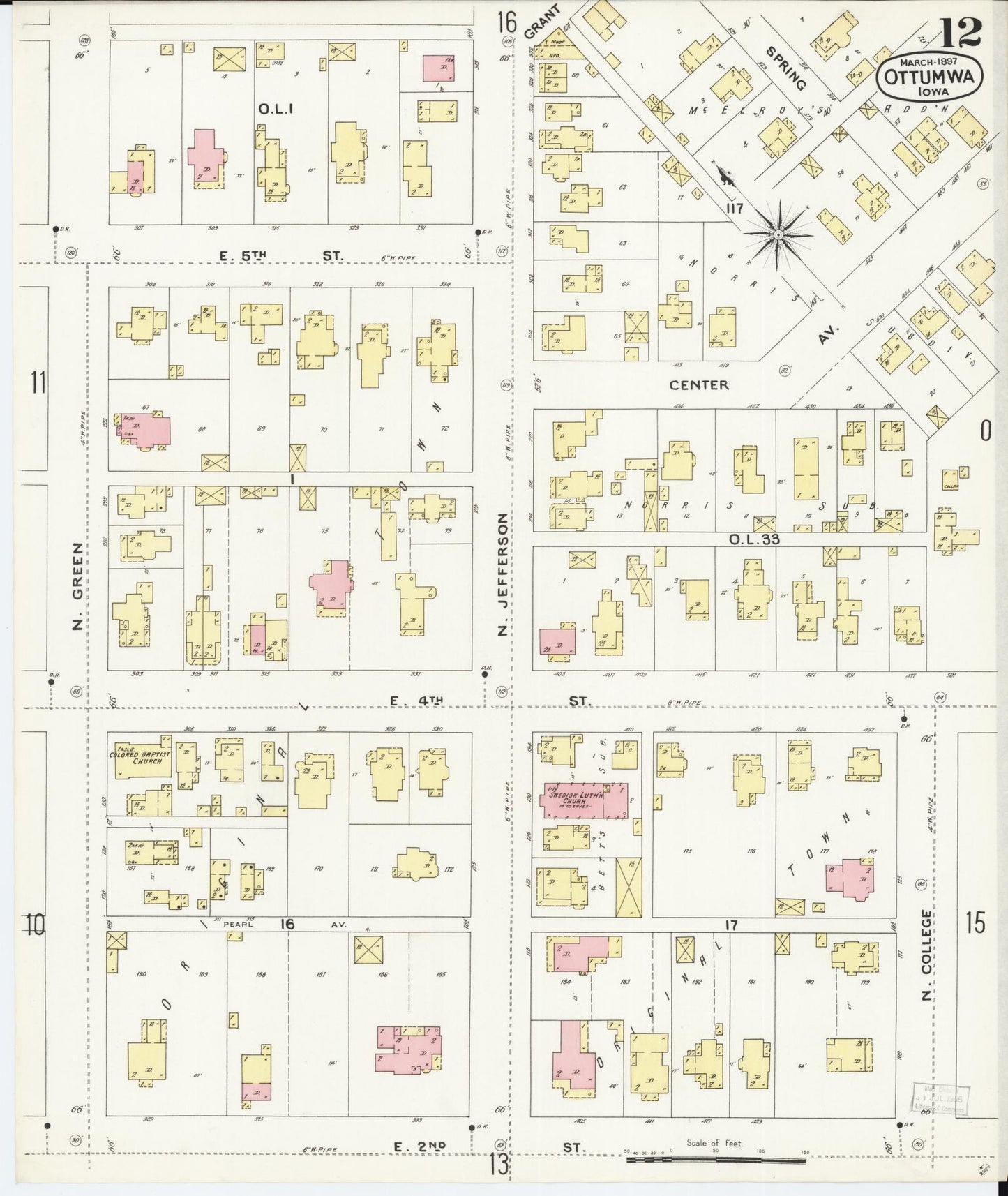 Sanborn Fire Insurance Map from Ottumwa, Wapello County, Iowa (1897), Sheet #0012 - Historic Sanborn Fire Insurance Map Print, vintage old map wall art