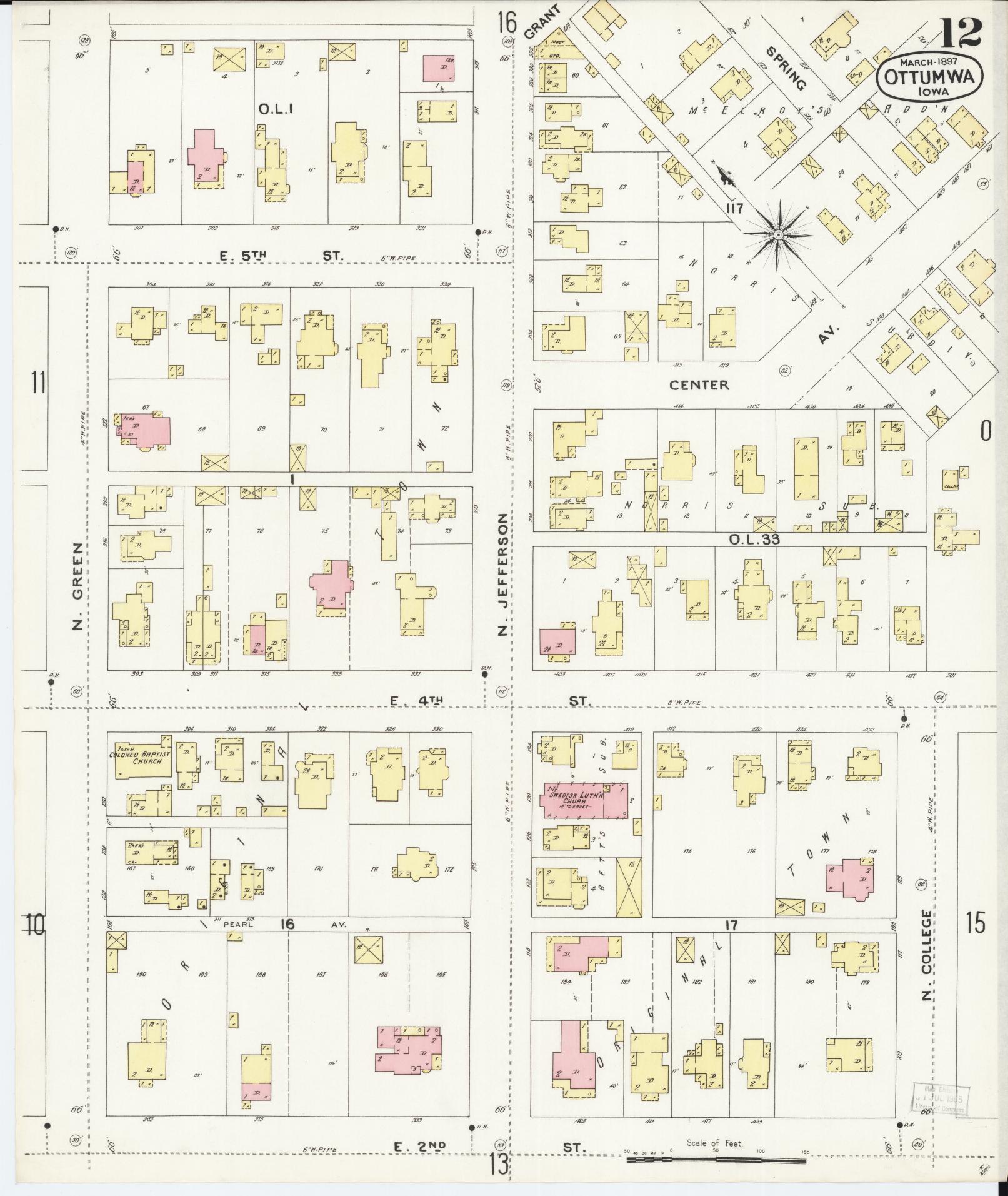 Sanborn Fire Insurance Map from Ottumwa, Wapello County, Iowa (1897), Sheet #0012 - Historic Sanborn Fire Insurance Map Print, vintage old map wall art