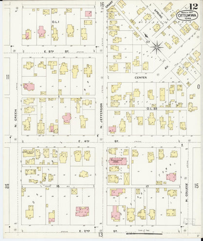 Sanborn Fire Insurance Map from Ottumwa, Wapello County, Iowa (1897), Sheet #0012 - Historic Sanborn Fire Insurance Map Print, vintage old map wall art