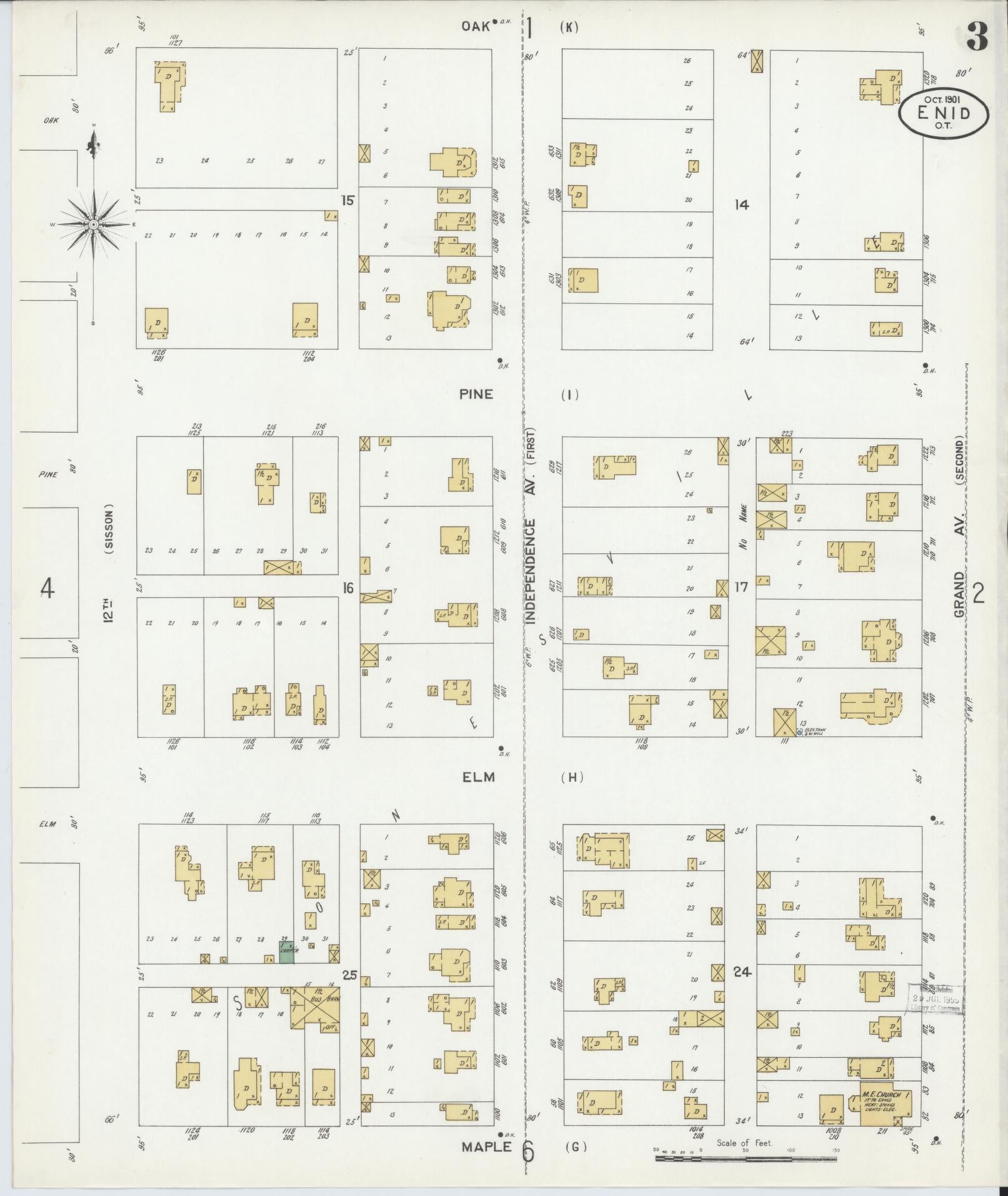 Sanborn Fire Insurance Map from Enid, Garfield County, Oklahoma (1901), Sheet #0003 - Complete Map Set gallery image, historic Sanborn map, vintage wall art, Oklahoma Oklahoma