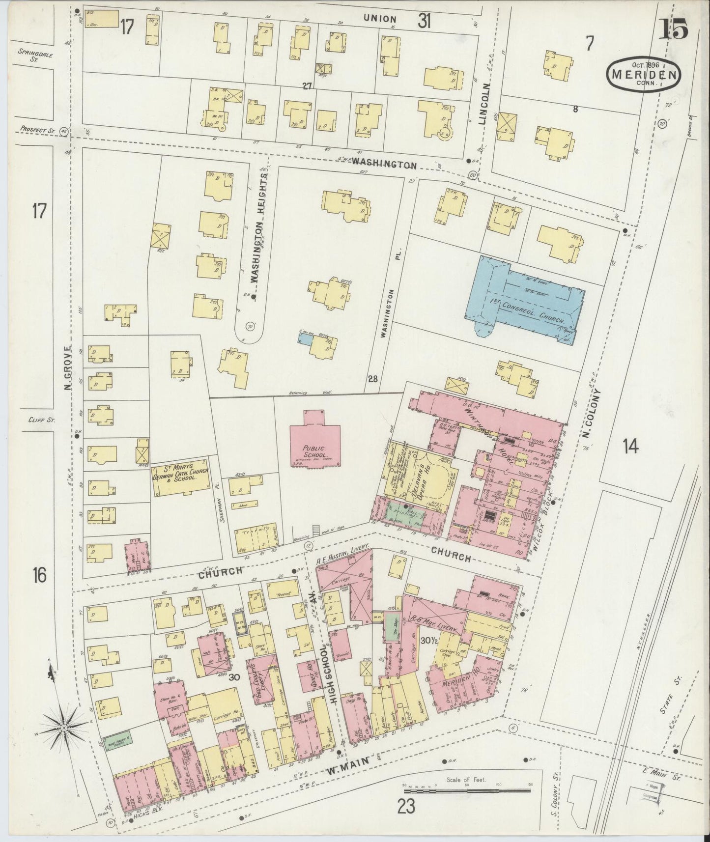 Sanborn Fire Insurance Map from Meriden, New Haven County, Connecticut (1896), Sheet #0015 - Complete Map Set gallery image, historic Sanborn map, vintage wall art, Connecticut Connecticut