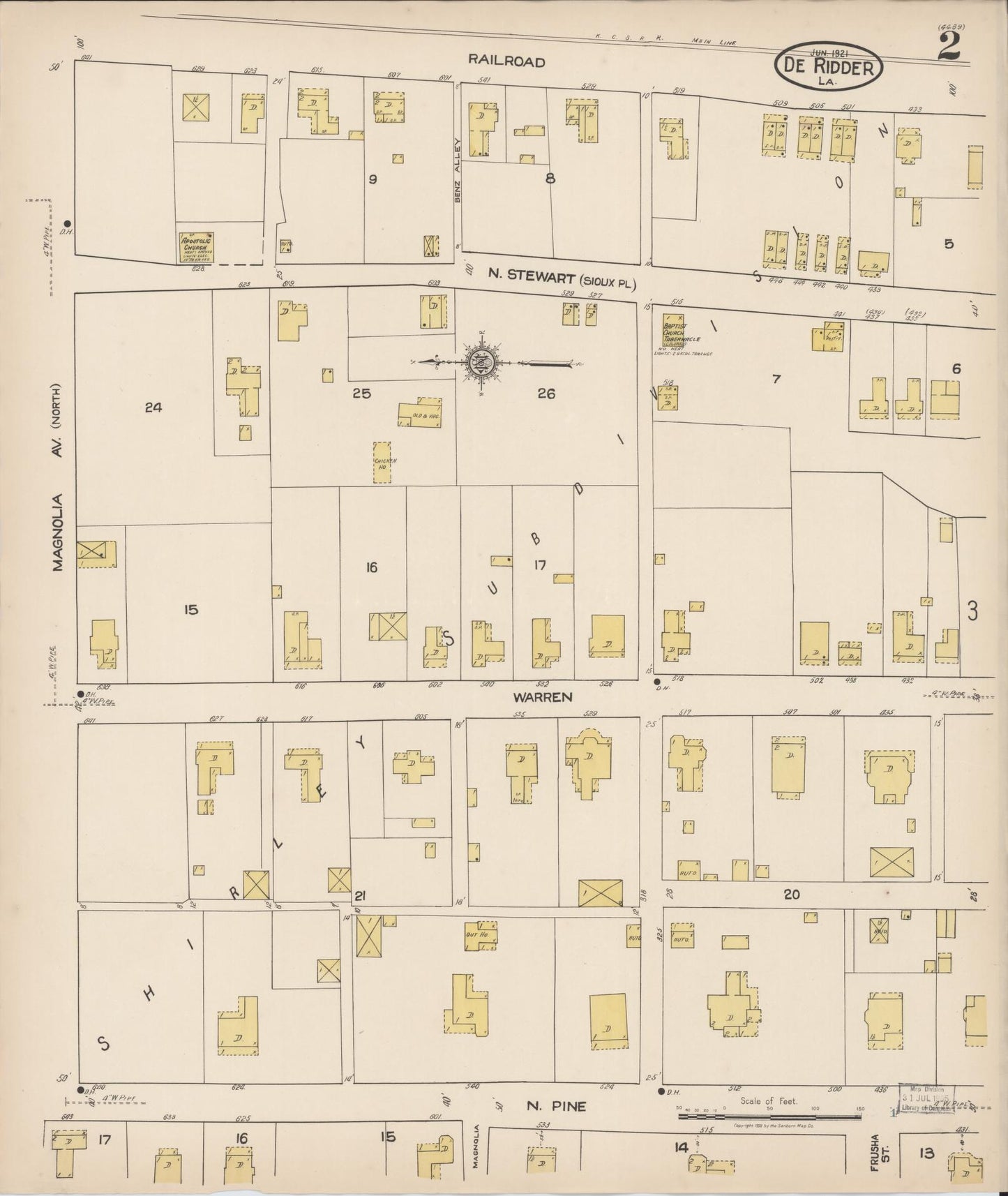 Sanborn Fire Insurance Map from De Ridder, Beauregard Parish, Louisiana (1921), Sheet #0002 - Historic Sanborn Fire Insurance Map Print, vintage old map wall art, antique decor, genealogy gift, Louisiana Louisiana map