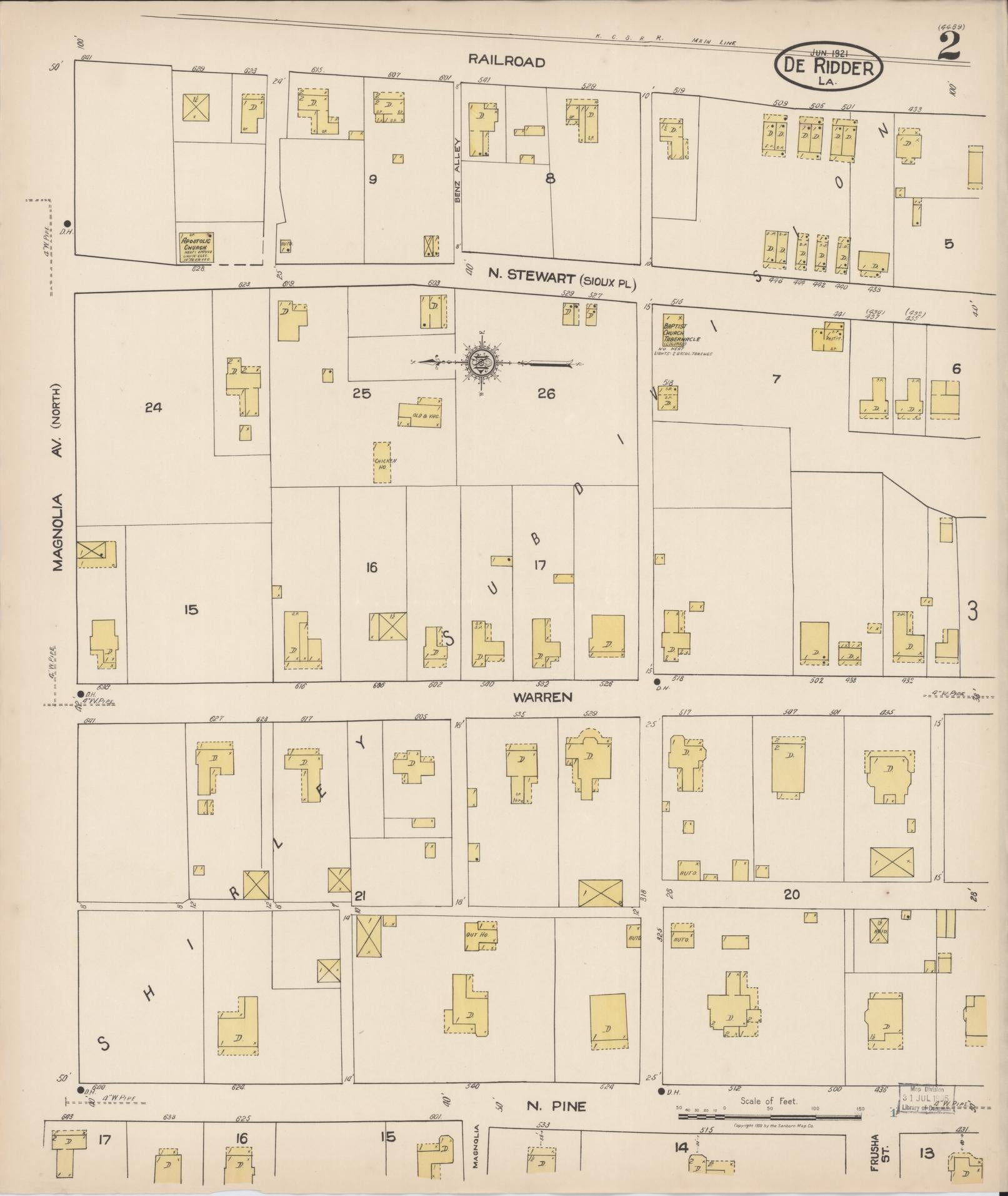 Sanborn Fire Insurance Map from De Ridder, Beauregard Parish, Louisiana (1921), Sheet #0002 - Historic Sanborn Fire Insurance Map Print, vintage old map wall art, antique decor, genealogy gift, Louisiana Louisiana map
