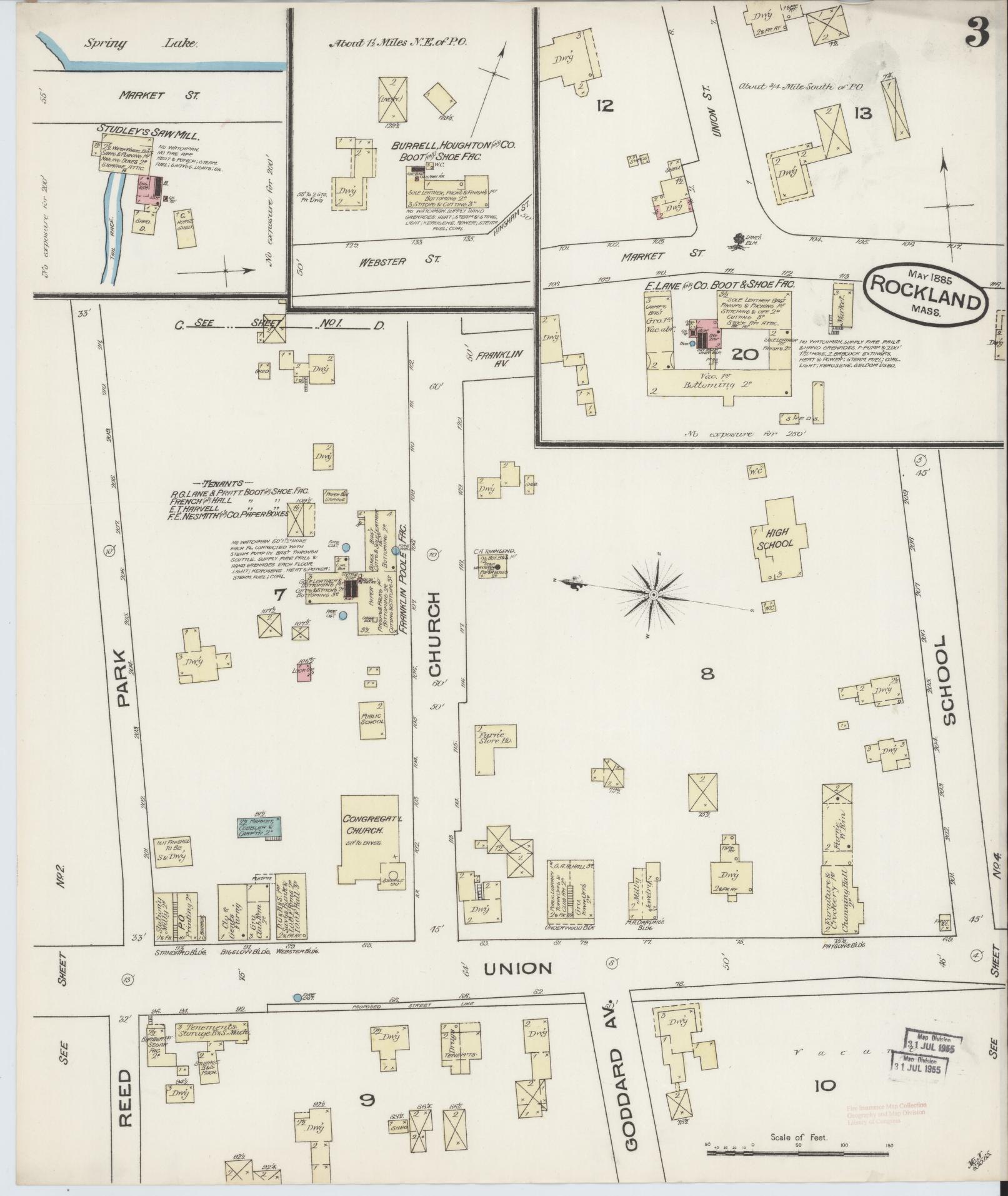 Sanborn Fire Insurance Map from Rockland, Plymouth County, Massachusetts (1885), Sheet #0003 - Historic Sanborn Fire Insurance Map Print, vintage old map wall art, antique decor, genealogy gift, Massachusetts Massachusetts map