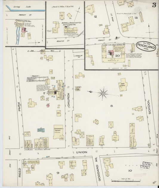 Sanborn Fire Insurance Map from Rockland, Plymouth County, Massachusetts (1885), Sheet #0003 - Historic Sanborn Fire Insurance Map Print, vintage old map wall art, antique decor, genealogy gift, Massachusetts Massachusetts map
