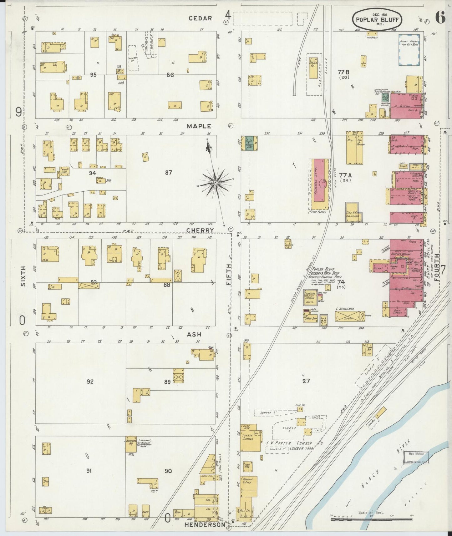 Sanborn Fire Insurance Map from Poplar Bluff, Butler County, Missouri (1901), Sheet #0006 - Historic Sanborn Fire Insurance Map Print, vintage old map wall art, antique decor, genealogy gift, Missouri Missouri map