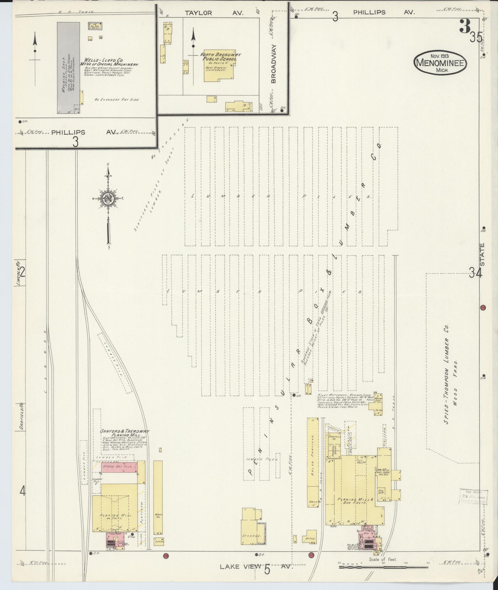 Sanborn Fire Insurance Map from Menominee, Menominee County, Michigan (1913), Sheet #0003 - Complete Map Set gallery image, historic Sanborn map, vintage wall art, Michigan Michigan
