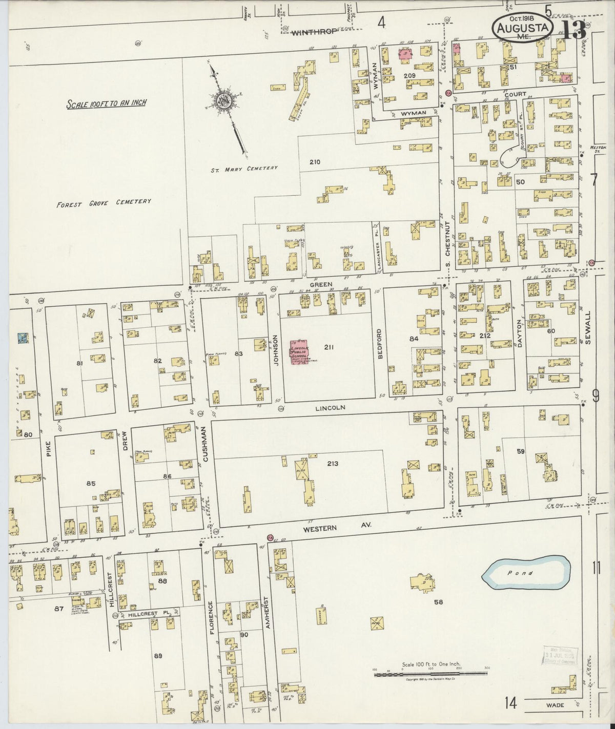 Sanborn Fire Insurance Map from Augusta, Kennebec County, Maine (1918), Sheet #0013 - Complete Map Set gallery image, historic Sanborn map, vintage wall art, Maine Maine