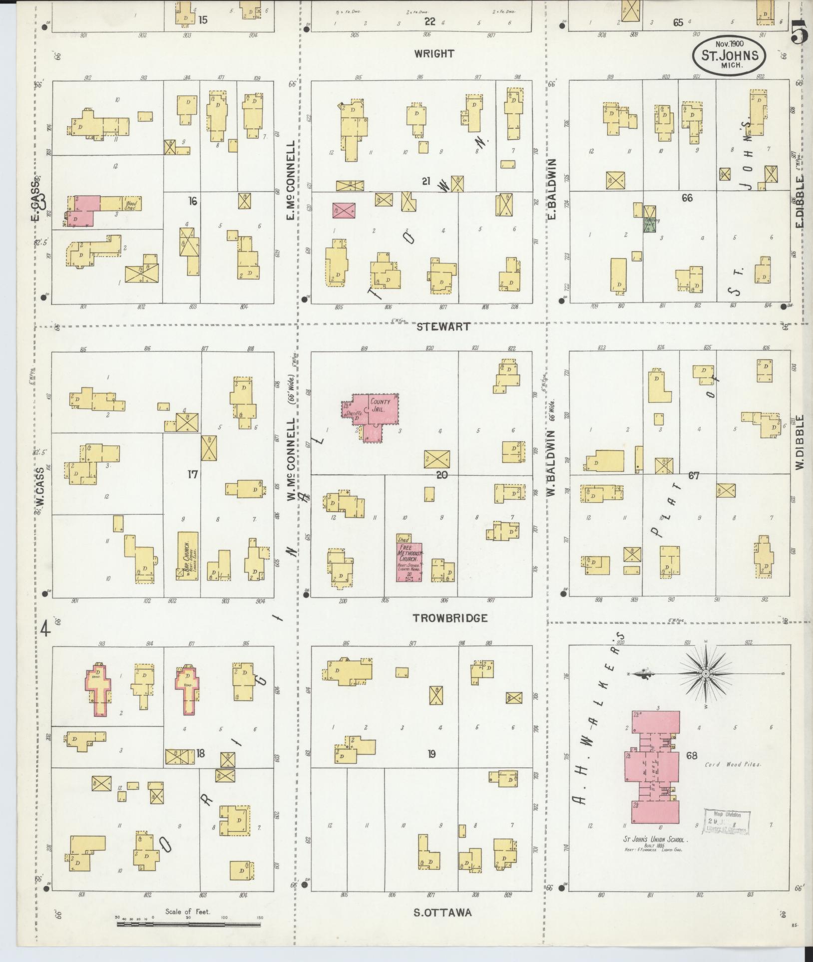 Sanborn Fire Insurance Map from Saint Johns, Clinton County, Michigan (1900), Sheet #0005 - Complete Map Set gallery image, historic Sanborn map, vintage wall art, Michigan Michigan