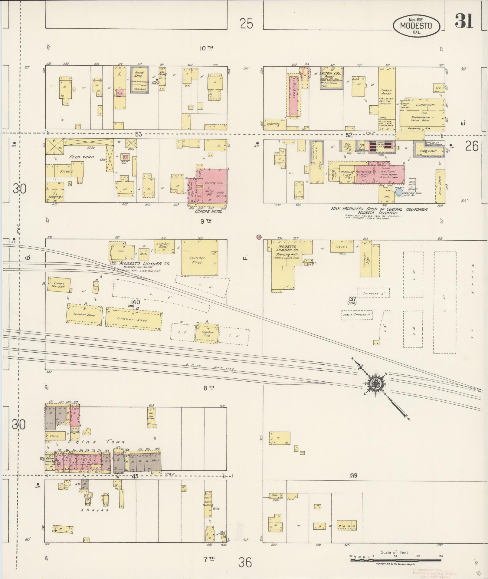 Sanborn Fire Insurance Map from Modesto, Stanislaus County, California (1919), Sheet #0031 - Complete Map Set gallery image, historic Sanborn map, vintage wall art, California California