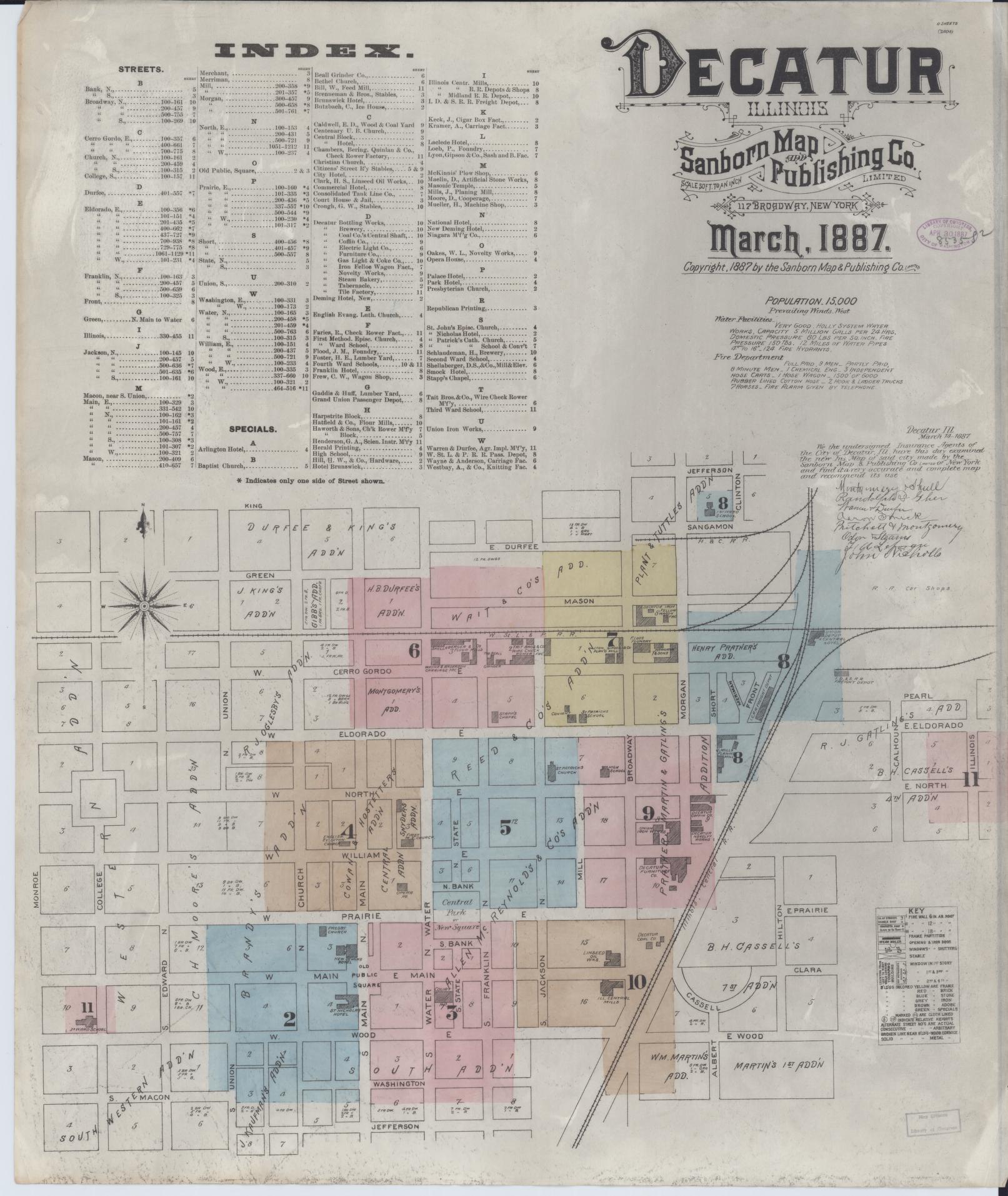 Sanborn Fire Insurance Map from Decatur, Macon County, Illinois (1887), Sheet #0001 - Historic Sanborn Fire Insurance Map Print, vintage old map wall art, antique decor, genealogy gift, Illinois Illinois map