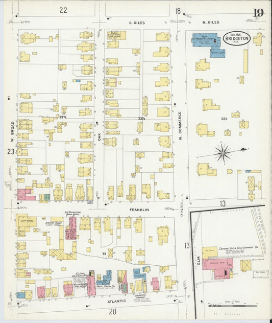 Sanborn Fire Insurance Map from Bridgeton, Cumberland County, New Jersey (1908), Sheet #0019 - Historic Sanborn Fire Insurance Map Print, vintage old map wall art, antique decor, genealogy gift, New Jersey New Jersey map