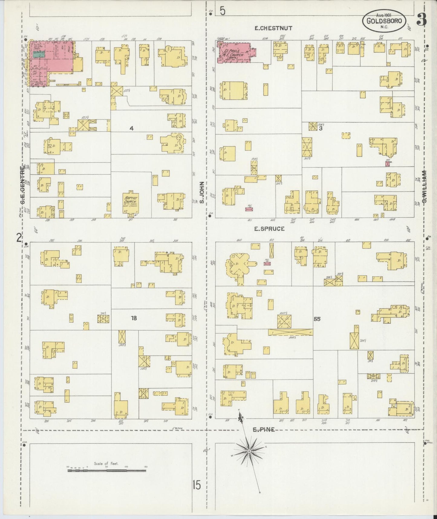 Sanborn Fire Insurance Map from Goldsboro, Wayne County, North Carolina (1901), Sheet #0003 - Complete Map Set gallery image, historic Sanborn map, vintage wall art, North Carolina North Carolina