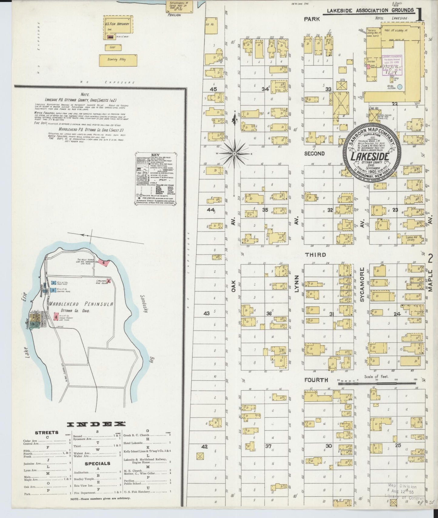 Sanborn Fire Insurance Map from Lakeside, Ottawa County, Ohio (1905), Sheet #0001 - Historic Sanborn Fire Insurance Map Print, vintage old map wall art, antique decor, genealogy gift, Ohio Ohio map