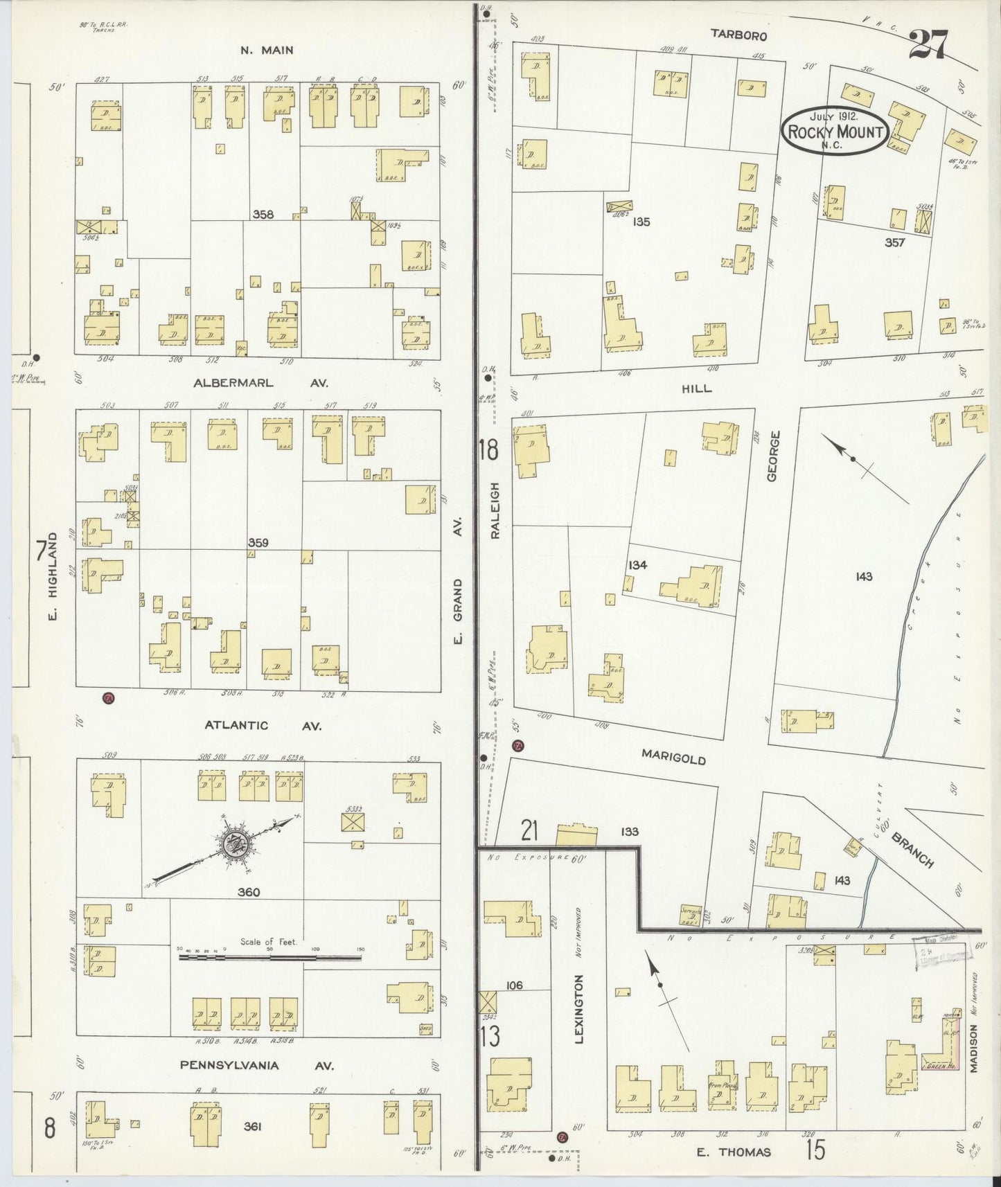 Sanborn Fire Insurance Map from Rocky Mount, Edgecombe And Nash Counties, North Carolina (1912), Sheet #0027 - Complete Map Set gallery image, historic Sanborn map, vintage wall art, North Carolina North Carolina