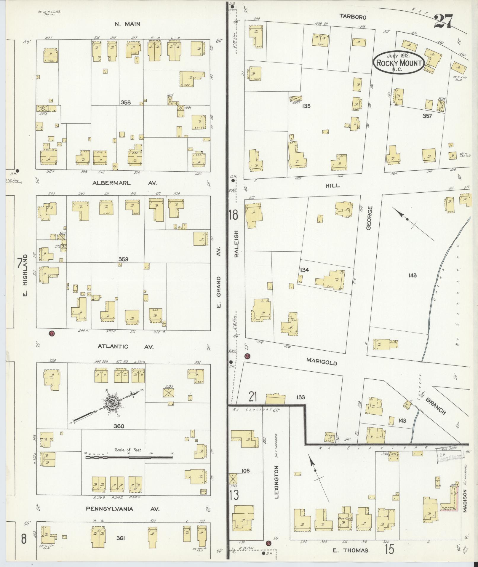 Sanborn Fire Insurance Map from Rocky Mount, Edgecombe And Nash Counties, North Carolina (1912), Sheet #0027 - Complete Map Set gallery image, historic Sanborn map, vintage wall art, North Carolina North Carolina