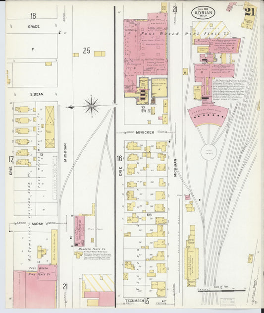 Sanborn Fire Insurance Map from Adrian, Lenawee County, Michigan (1908), Sheet #0021 - Historic Sanborn Fire Insurance Map Print, vintage old map wall art, antique decor, genealogy gift, Michigan Michigan map