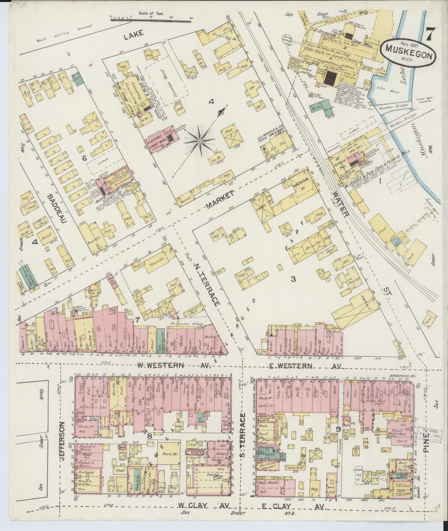Sanborn Fire Insurance Map from Muskegon, Muskegon County, Michigan (1887), Sheet #0007 - Historic Sanborn Fire Insurance Map Print, vintage old map wall art, antique decor, genealogy gift, Michigan Michigan map