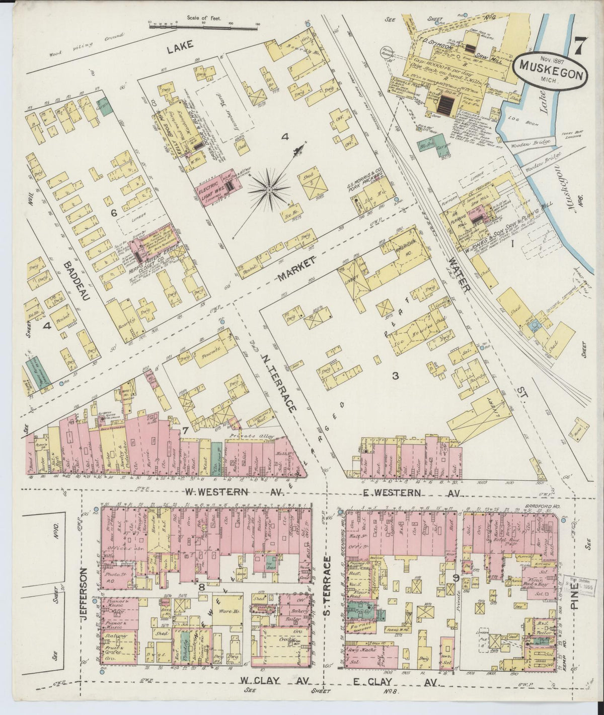Sanborn Fire Insurance Map from Muskegon, Muskegon County, Michigan (1887), Sheet #0007 - Historic Sanborn Fire Insurance Map Print, vintage old map wall art, antique decor, genealogy gift, Michigan Michigan map