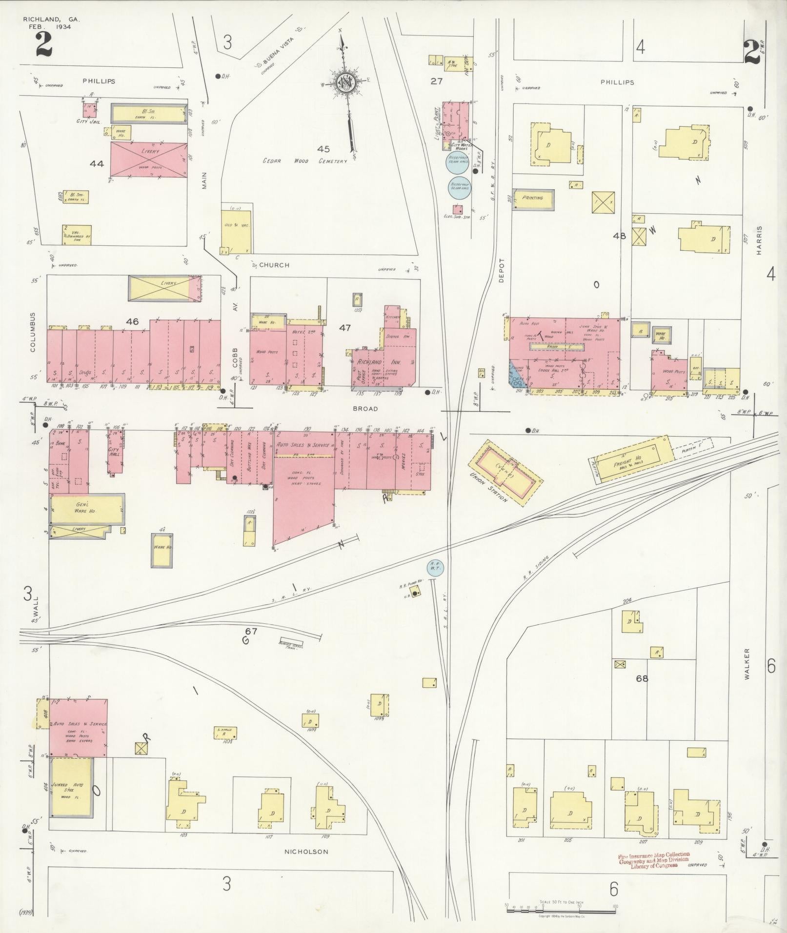 Sanborn Fire Insurance Map from Richland, Stewart County, Georgia (1934), Sheet #0002 - Historic Sanborn Fire Insurance Map Print, vintage old map wall art, antique decor, genealogy gift, Georgia Georgia map