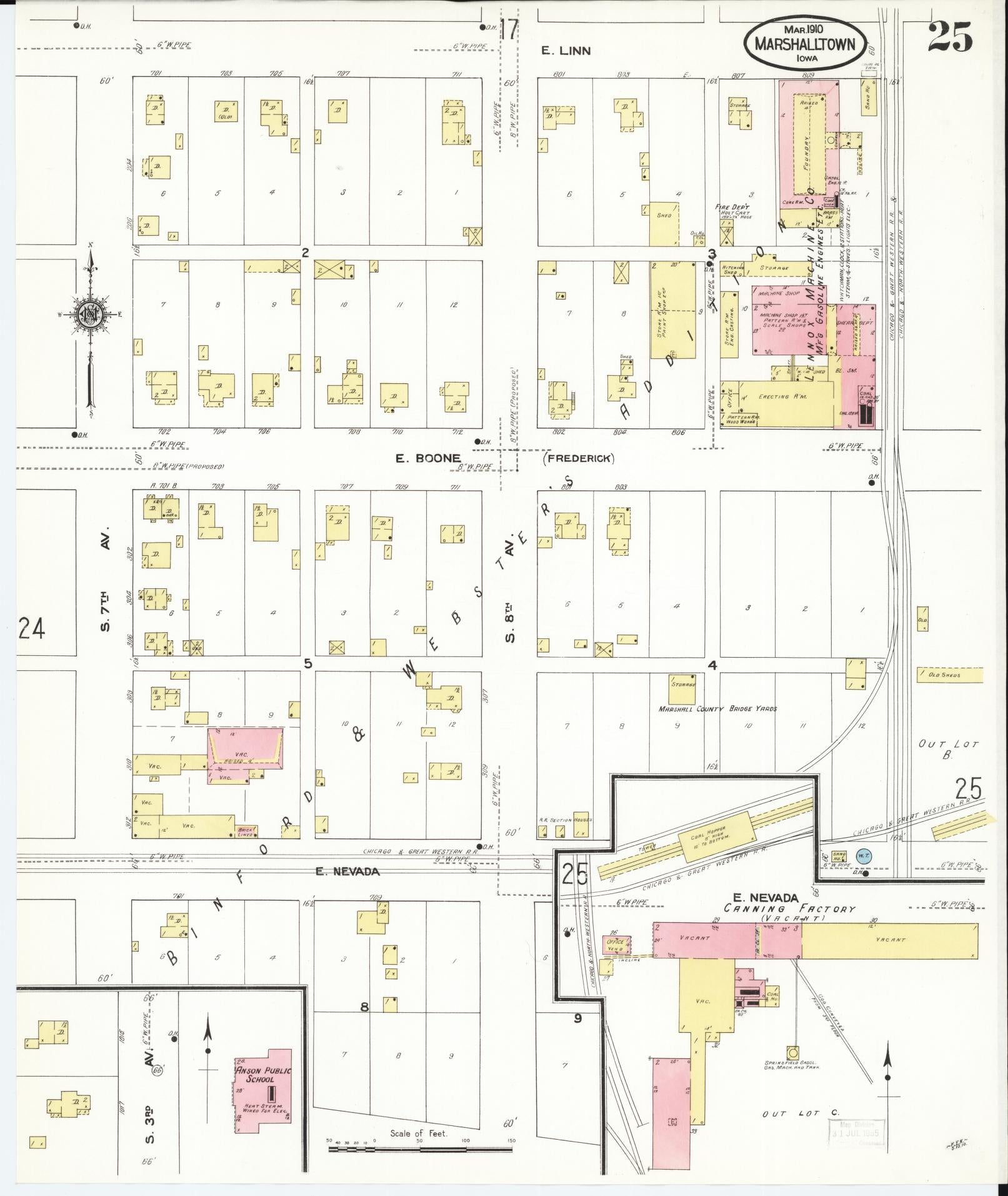 Sanborn Fire Insurance Map from Marshalltown, Marshall County, Iowa (1910), Sheet #0025 - Historic Sanborn Fire Insurance Map Print, vintage old map wall art