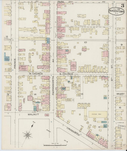 Sanborn Fire Insurance Map from Bordentown, Burlington County, New Jersey (1886), Sheet #0003 - Historic Sanborn Fire Insurance Map Print, vintage old map wall art, antique decor, genealogy gift, New Jersey New Jersey map