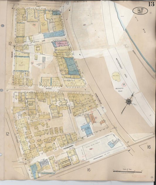 Sanborn Fire Insurance Map from Hilo, Hawaii County, Hawaii (1957), Sheet #0013 - Historic Sanborn Fire Insurance Map Print, vintage old map wall art