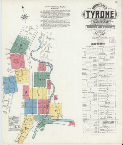 Sanborn Fire Insurance Map from Tyrone, Blair County, Pennsylvania (1906), Sheet #0001 - Historic Sanborn Fire Insurance Map Print, vintage old map wall art, antique decor, genealogy gift, Pennsylvania Pennsylvania map
