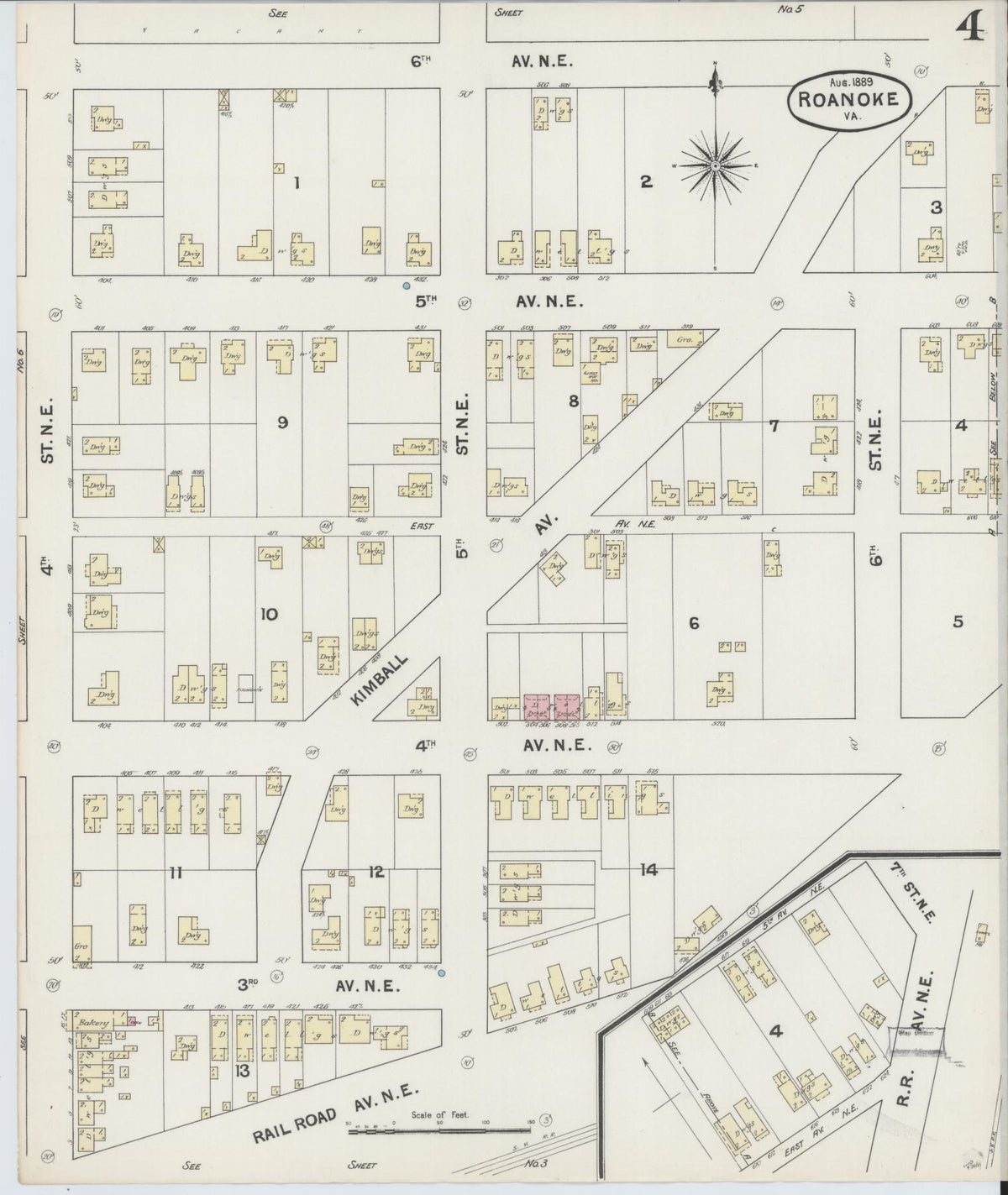 Sanborn Fire Insurance Map from Roanoke, Independent Cities, Virginia (1889), Sheet #0004 - Complete Map Set gallery image, historic Sanborn map, vintage wall art, Virginia Virginia