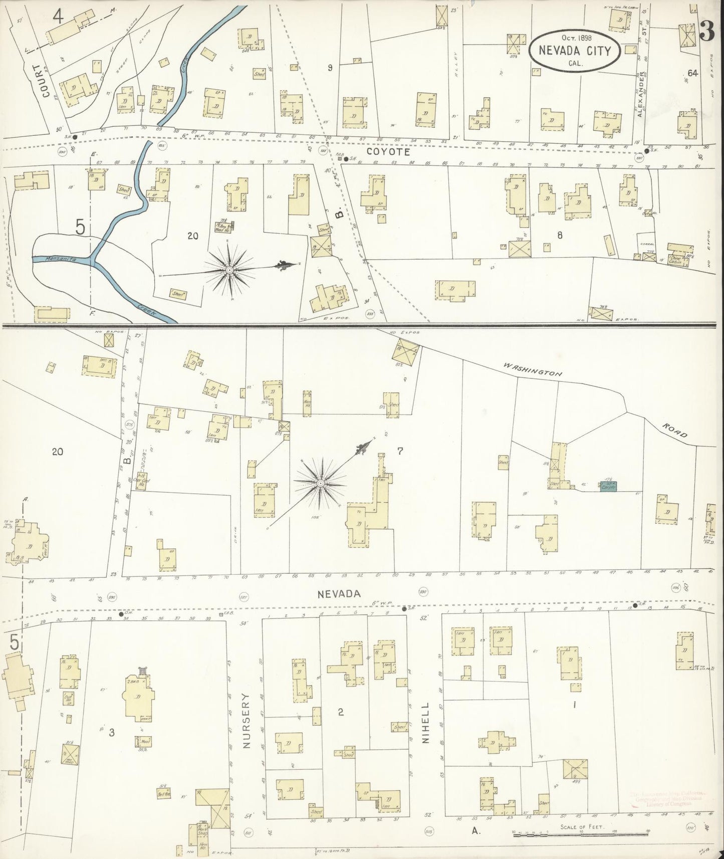 Sanborn Fire Insurance Map from Nevada City, Nevada County, California (1898), Sheet #0003 - Historic Sanborn Fire Insurance Map Print, vintage old map wall art, antique decor, genealogy gift, Nevada City Nevada map